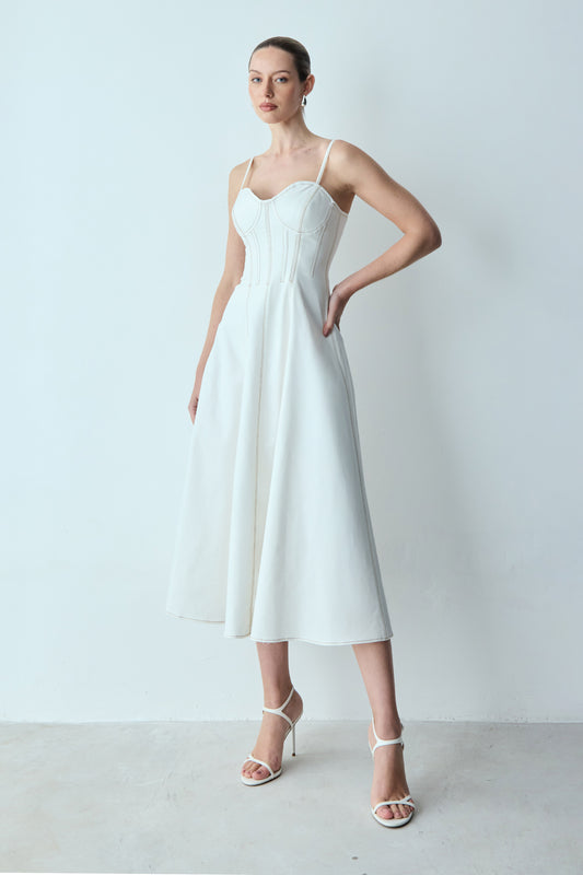 VESTIDO MIDI COM PESPONTO GROSSO CORPO E BUSTO OFF WHITE