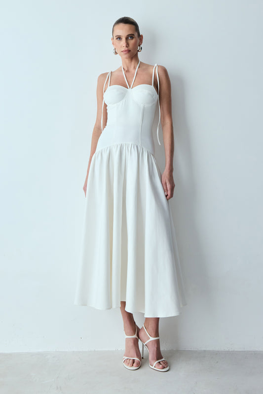 VESTIDO MIDI ACINTURADO AMARRACAO OMBROS E PESCOCO OFF WHITE