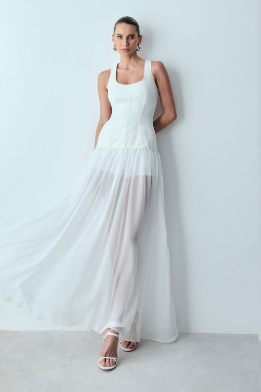 VESTIDO LONGO COM CORPO ESTRUTURADO E BARRA FLUIDA OFF WHITE