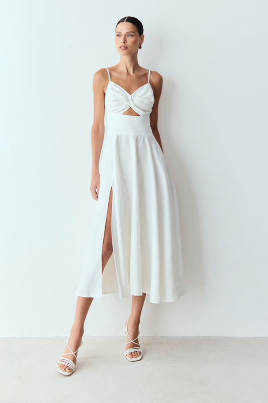 VESTIDO MIDI TORCAO BUSTO E RECORTE FRONTAL CINTURA BRANCO