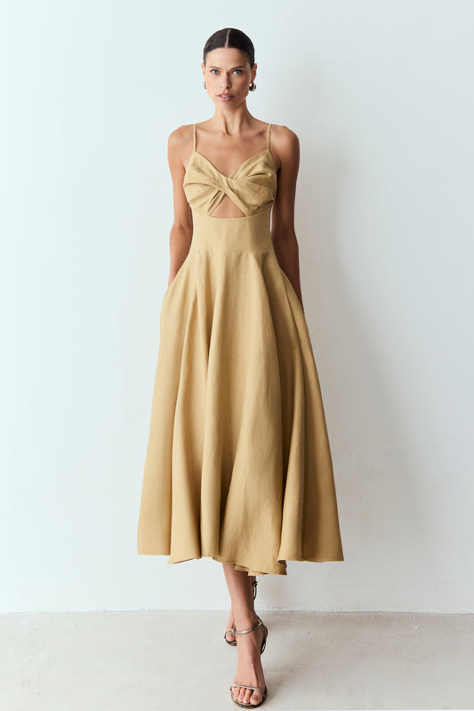 VESTIDO MIDI TORCAO BUSTO E RECORTE FRONTAL CINTURA KAKI DUNA