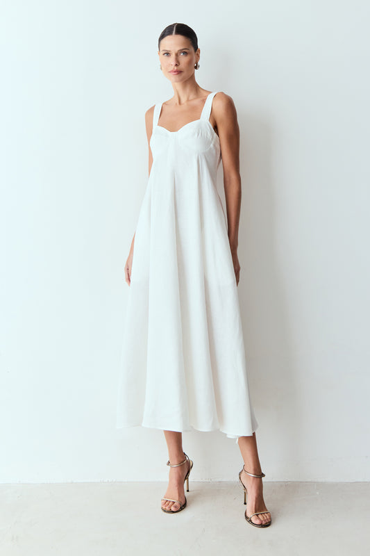 VESTIDO MIDI COM PREGAS COSTAS ABERTAS E AMARRACAO BRANCO