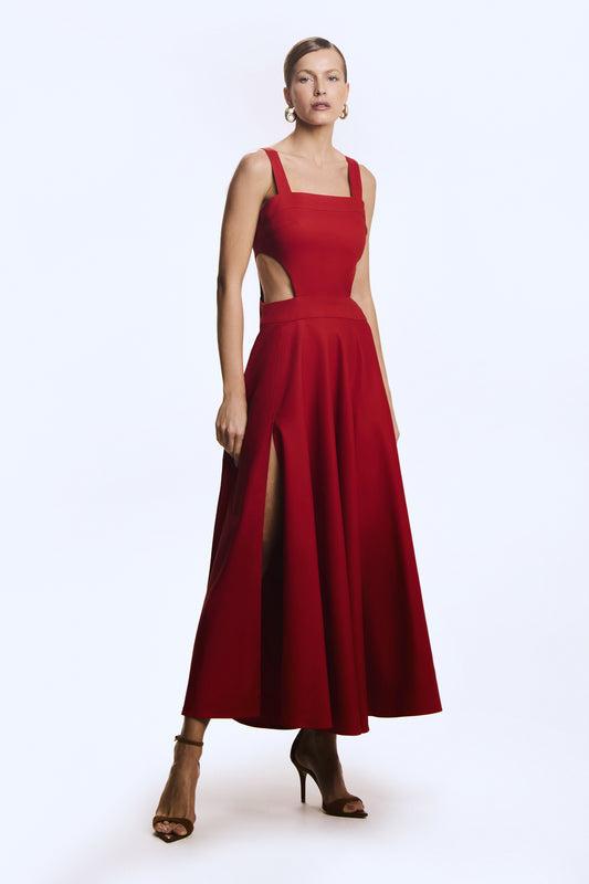 VESTIDO MIDI COM DECOTE RETO E ABERTURA LATERAIS OFF WHITE VERMELHO