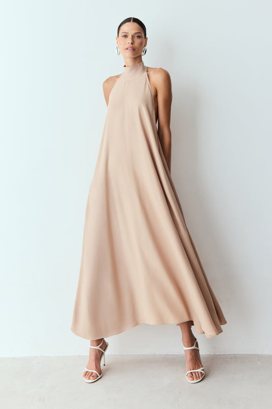 VESTIDO MIDI FRENTE UNICA GOLA ALTA CAIMENTO AMPLO KAKI