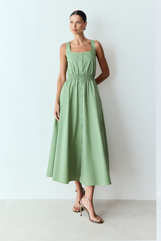 VESTIDO MIDI ELASTICO NA CINTURA E BOTOES FRONTAL VERDE CLARO
