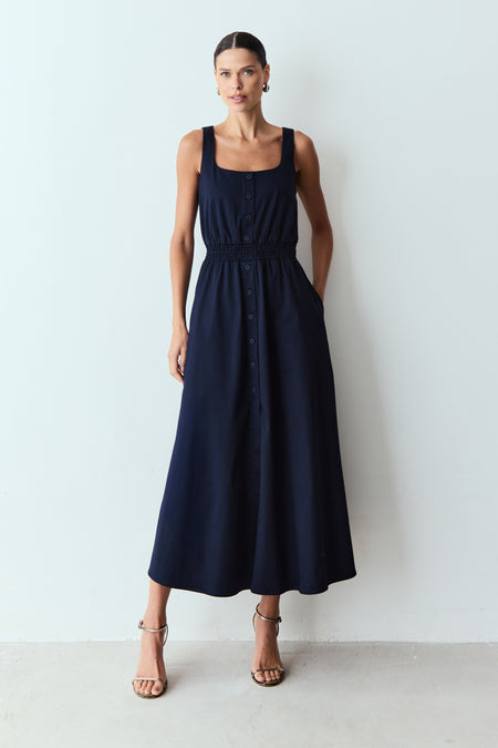 VESTIDO MIDI ELASTICO NA CINTURA E BOTOES FRONTAL AZUL MARINHO