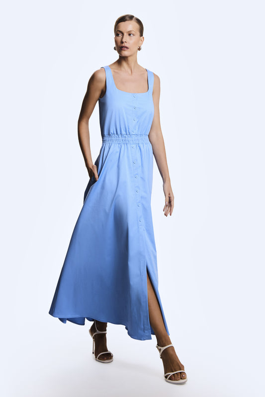 VESTIDO MIDI ELASTICO NA CINTURA E BOTOES FRONTAL AZUL MEDITERRANEO