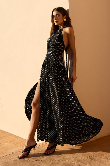 VESTIDO MIDI AMARRACAO COSTAS E PESCOCO CÓS LARGO POÁ PRETO