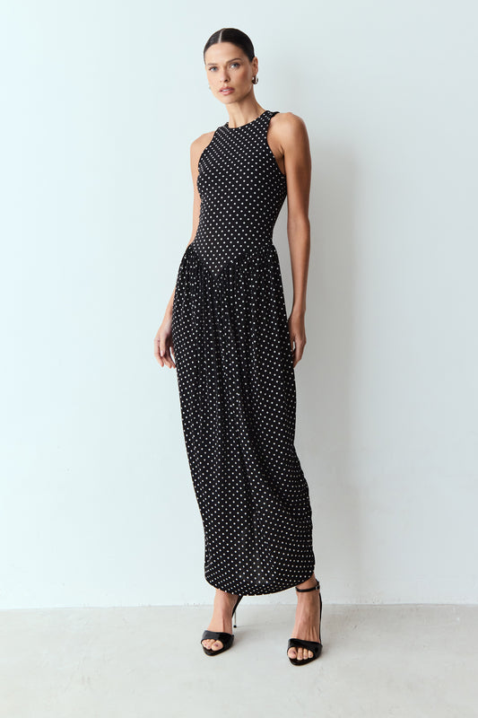 VESTIDO LONGO FRANZIDOS CINTURA POÁ PRETO