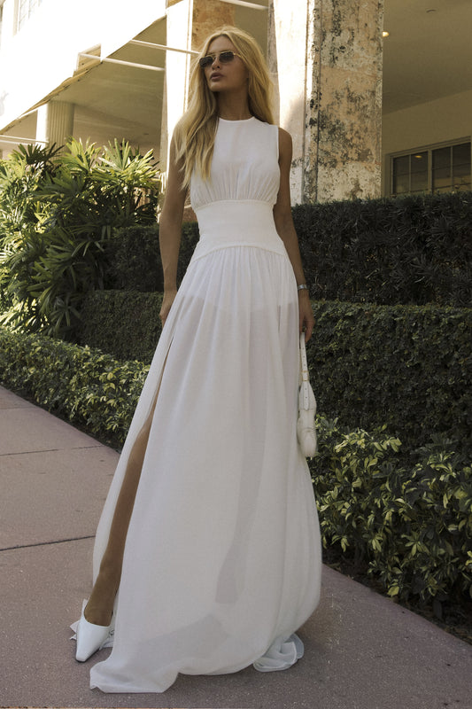 VESTIDO LONGO ACINTURADO CORPO E BARRA FLUIDA OFF WHITE