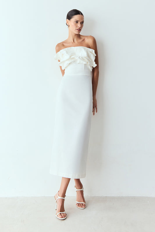 VESTIDO MIDI SOBREPOSICAO DRAPEADA DECOTE OFF WHITE