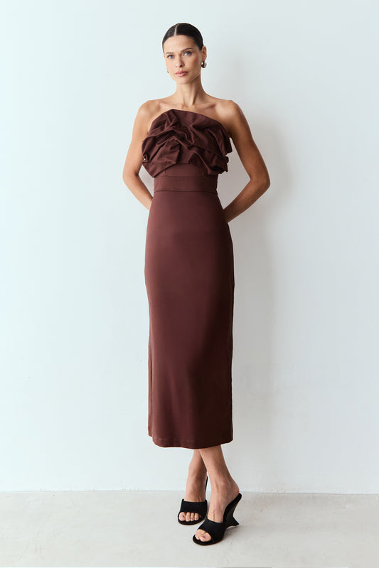 VESTIDO MIDI SOBREPOSICAO DRAPEADA DECOTE MARROM ESCURO