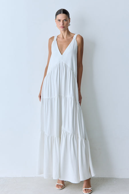 VESTIDO LONGO AMPLO DECOTE V FRENTE E COSTAS OFF WHITE