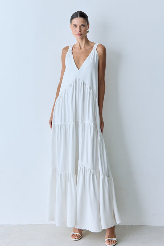 VESTIDO LONGO AMPLO DECOTE V FRENTE E COSTAS OFF WHITE
