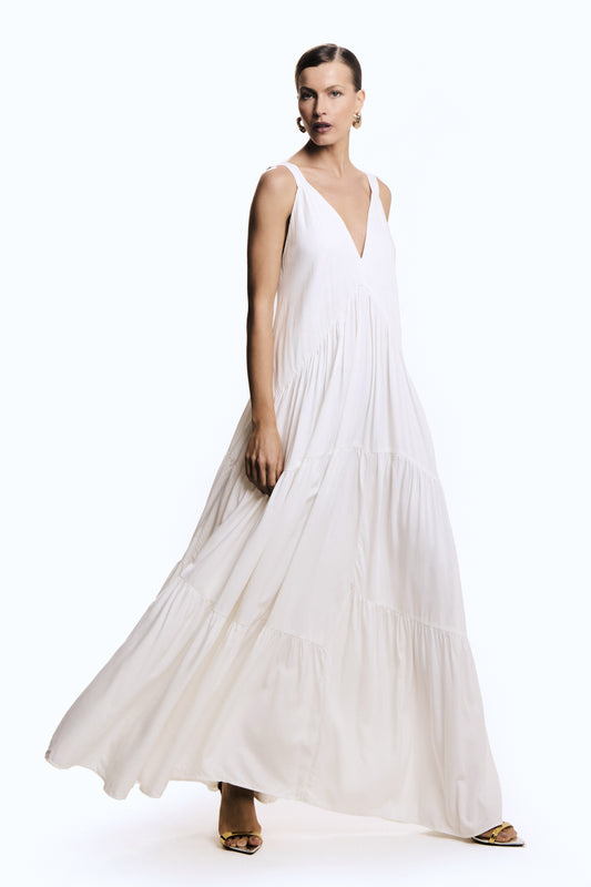 VESTIDO LONGO AMPLO DECOTE V FRENTE E COSTAS OFF WHITE