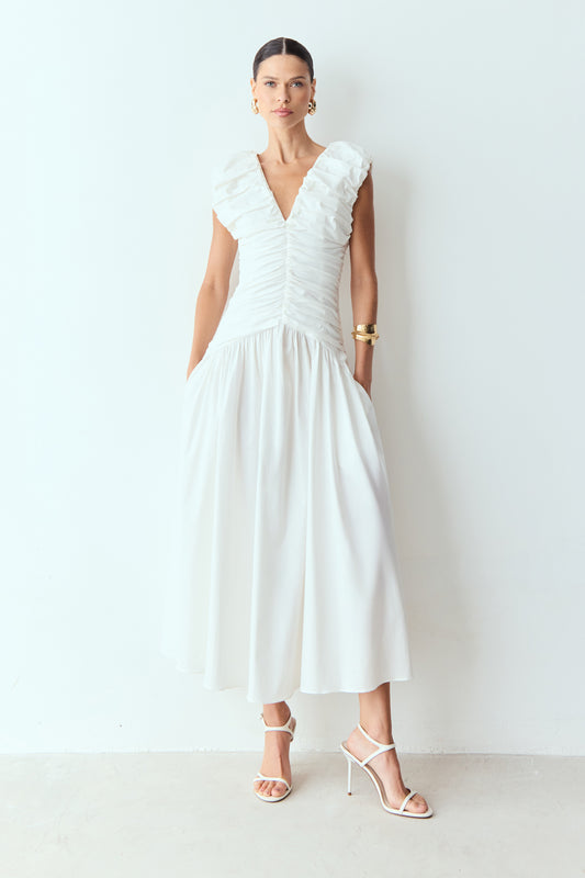 VESTIDO MIDI ALCAS FRANZIDAS COM VOLUME OFF WHITE