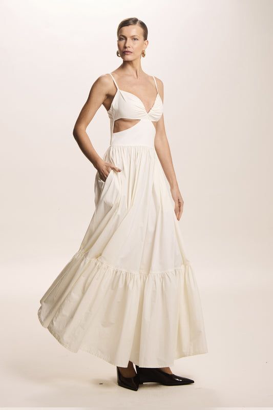 VESTIDO LONGO ABERTURA LATERAL COM RECORTE BUSTO OFF WHITE