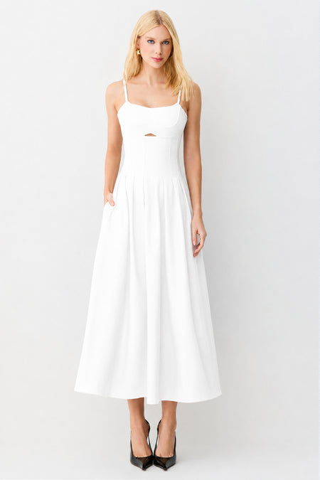 VESTIDO LONGO ACINTURADO PREGAS SAIA RECORTE BUSTO OFF WHITE