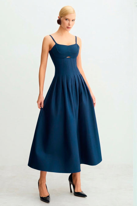 VESTIDO LONGO ACINTURADO PREGAS SAIA RECORTE BUSTO AZUL MARINHO