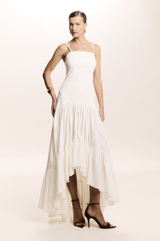 VESTIDO MULLET ACINTURADO COM BARRA AMPLA ALCA FINA OFF WHITE