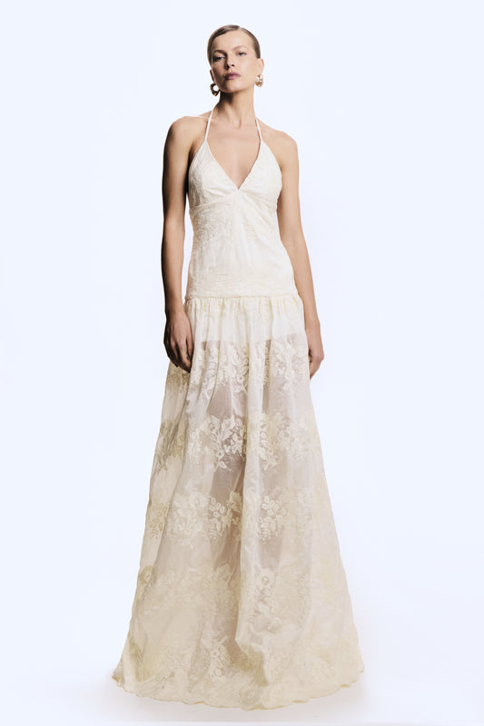 VESTIDO LONGO EM TULE BORDADO FRENTE ÚNICA CREME