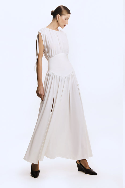 VESTIDO LONGO ACINTURADO FRANZIDO E AMARRACAO OMBROS OFF WHITE