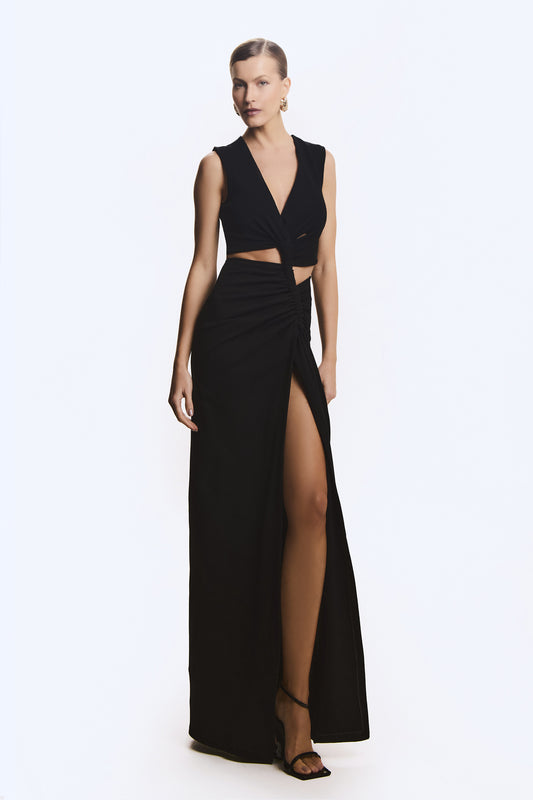 VESTIDO LONGO DRAPEADO COM CANALETA FRONTAL PRETO