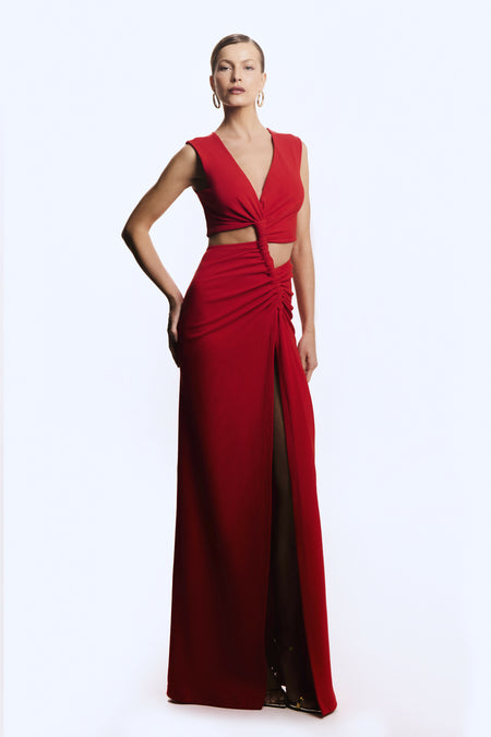 VESTIDO LONGO DRAPEADO COM CANALETA FRONTAL VERMELHO