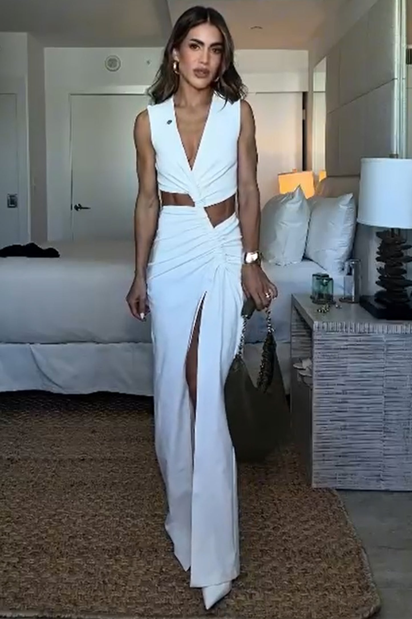 VESTIDO LONGO DRAPEADO COM CANALETA FRONTAL OFF WHITE