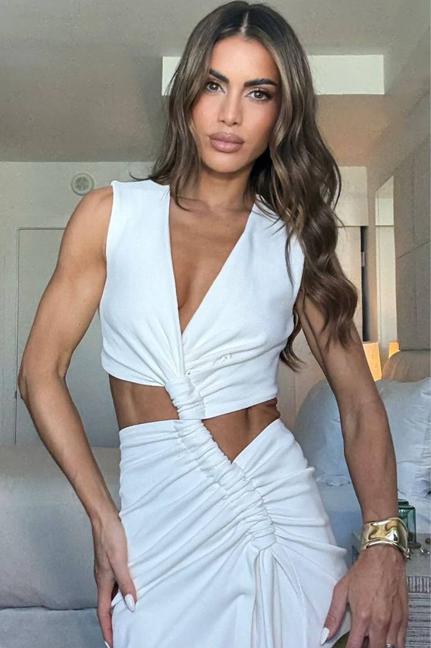 VESTIDO LONGO DRAPEADO COM CANALETA FRONTAL OFF WHITE