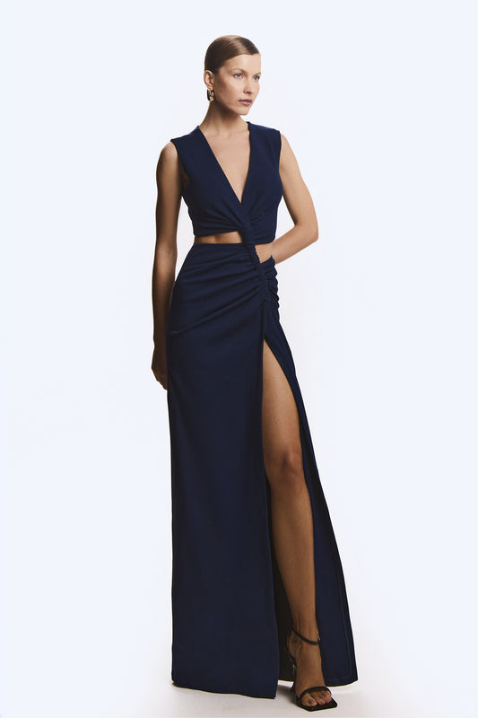 VESTIDO LONGO DRAPEADO COM CANALETA FRONTAL AZUL MARINHO