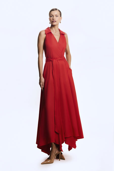 VESTIDO MIDI TRANSPASSADO COM FAIXA PARA AMARRACAO VERMELHO