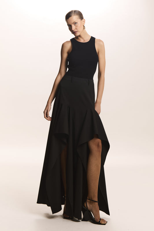 VESTIDO MIDI SAIA ALFAIATARIA COM BABADO ASSIMETRICO PRETO