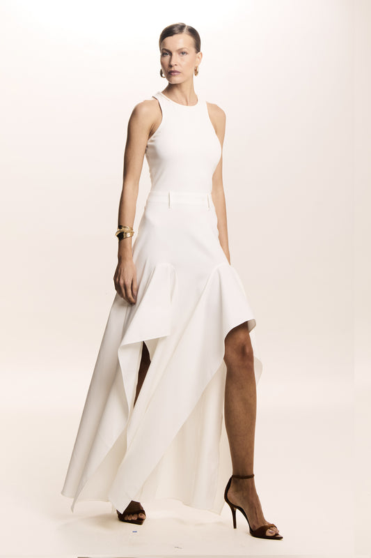 VESTIDO MIDI SAIA ALFAIATARIA COM BABADO ASSIMETRICO OFF WHITE