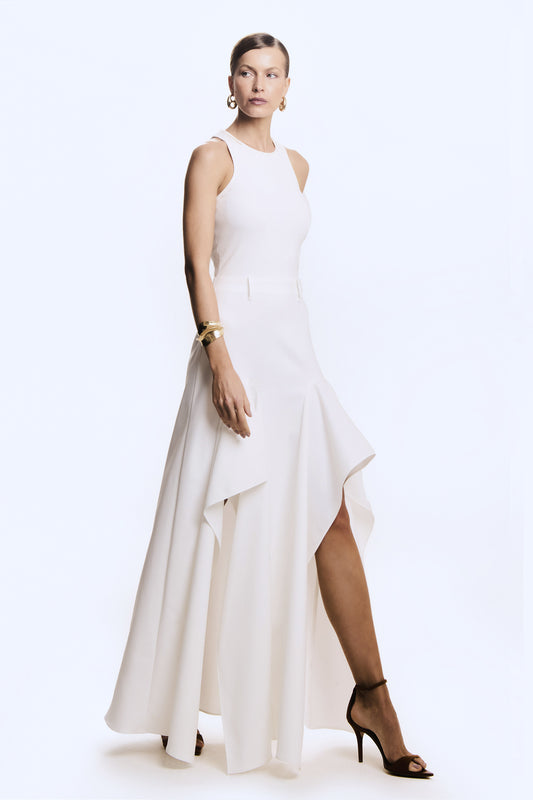 VESTIDO MIDI SAIA ALFAIATARIA COM BABADO ASSIMETRICO OFF WHITE