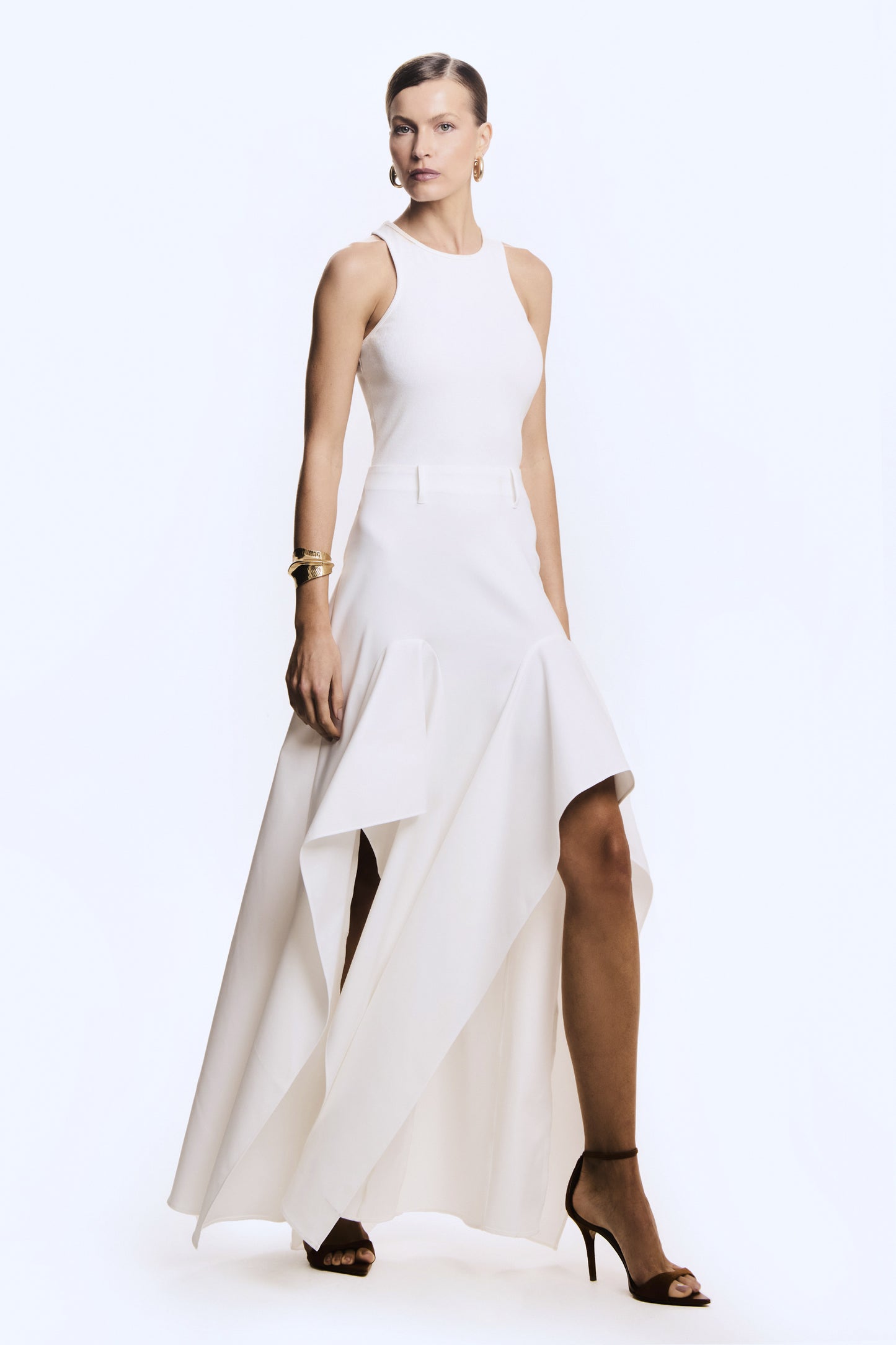 VESTIDO MIDI SAIA ALFAIATARIA COM BABADO ASSIMETRICO OFF WHITE