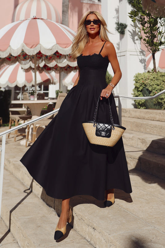 VESTIDO MIDI RECORTES PESPONTADOS CINTURA RENDA BUSTO PRETO