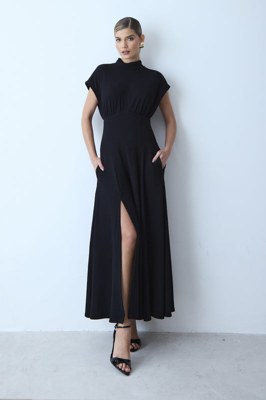 VESTIDO MIDI GOLA ALTA MANGA AMPLA ACINTURADO PRETO