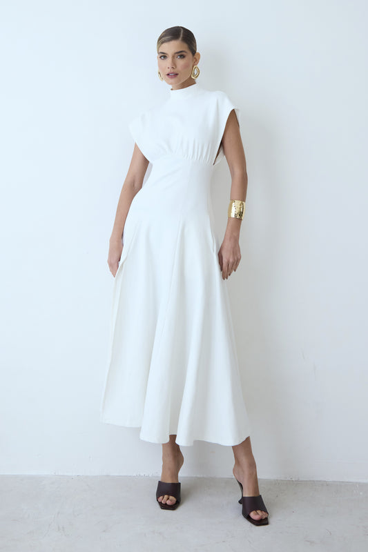 VESTIDO MIDI GOLA ALTA MANGA AMPLA ACINTURADO OFF WHITE