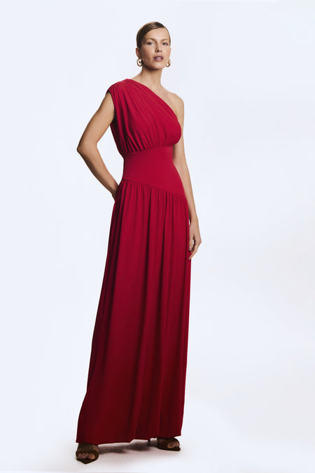 VESTIDO MIDI UM OMBRO BARRA BALONE ASSIMETRICA VERMELHO