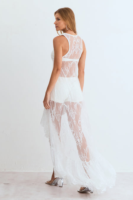 VESTIDO MIDI EM RENDA COM BARRA ASSIMETRIA VOLUMOSA OFF WHITE