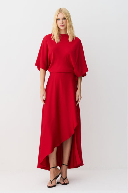 VESTIDO MIDI FLUIDO COM TRANSPASSE SAIA VERMELHO