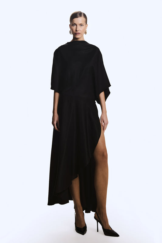 VESTIDO MIDI FLUIDO COM TRANSPASSE SAIA PRETO