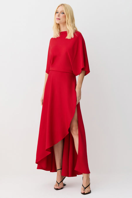 VESTIDO MIDI FLUIDO COM TRANSPASSE SAIA VERMELHO