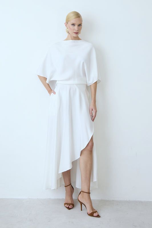 VESTIDO MIDI FLUIDO COM TRANSPASSE SAIA OFF WHITE