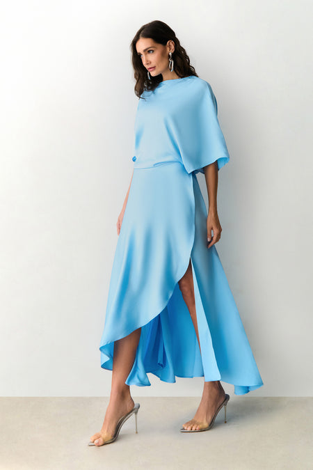 VESTIDO MIDI FLUIDO COM TRANSPASSE SAIA AZUL BEBE