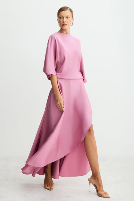 VESTIDO MIDI FLUIDO COM TRANSPASSE SAIA ROSA AMARANTO
