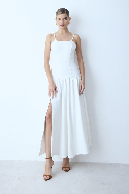 VESTIDO MIDI ALONGADO CORPO ACINTURADO BARRA AMPLA OFF WHITE