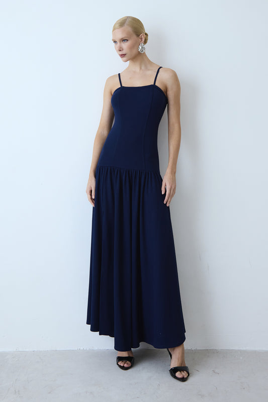 VESTIDO MIDI ALONGADO CORPO ACINTURADO BARRA AMPLA AZUL MARINHO