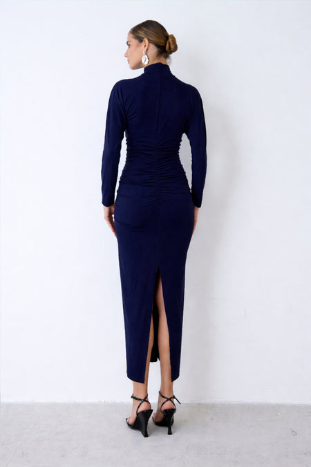 VESTIDO MIDI GOLA ALTA FRANZIDOS LATERAIS E COSTAS AZUL MARINHO